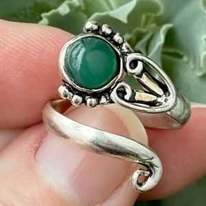 .925 Silver Overlay Green Chalcedony Boho
Pinky Thumb Adjustable Gemstone Ring